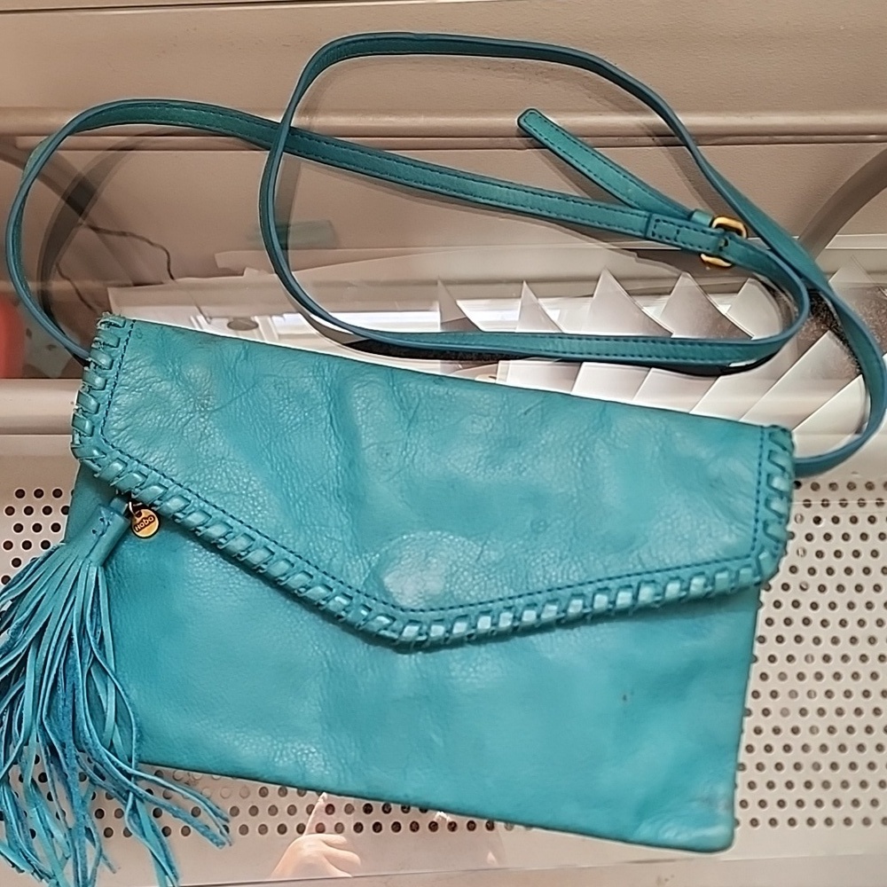 HOBO International Turquoise Leather Crossbody Boho Whipstitch Tassel Bag